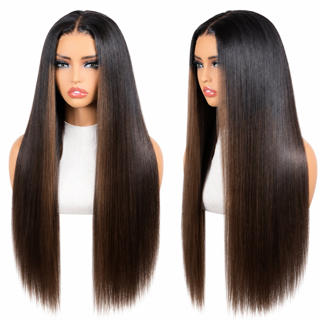 Chestnut Brown Ombre Yaki Straight Wig – 7x5 No-Slip Lace, Glueless with Drawstring