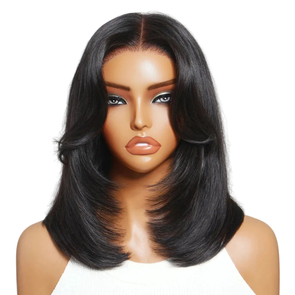 Layered Cut Straight Bob Wig with Curtain Bangs — Glueless 7x5 Lace, Human Hair