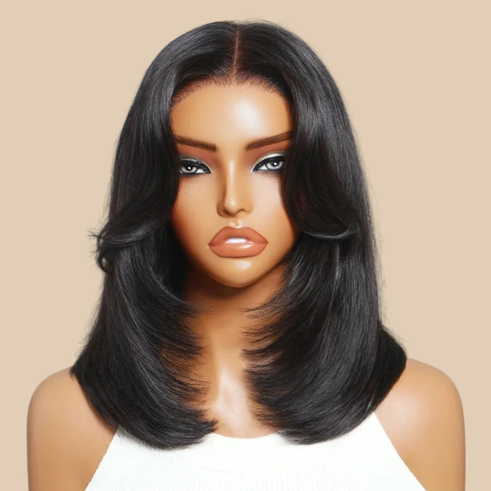 Layered Cut Straight Bob Wig with Curtain Bangs — Glueless 7x5 Lace, Human Hair
