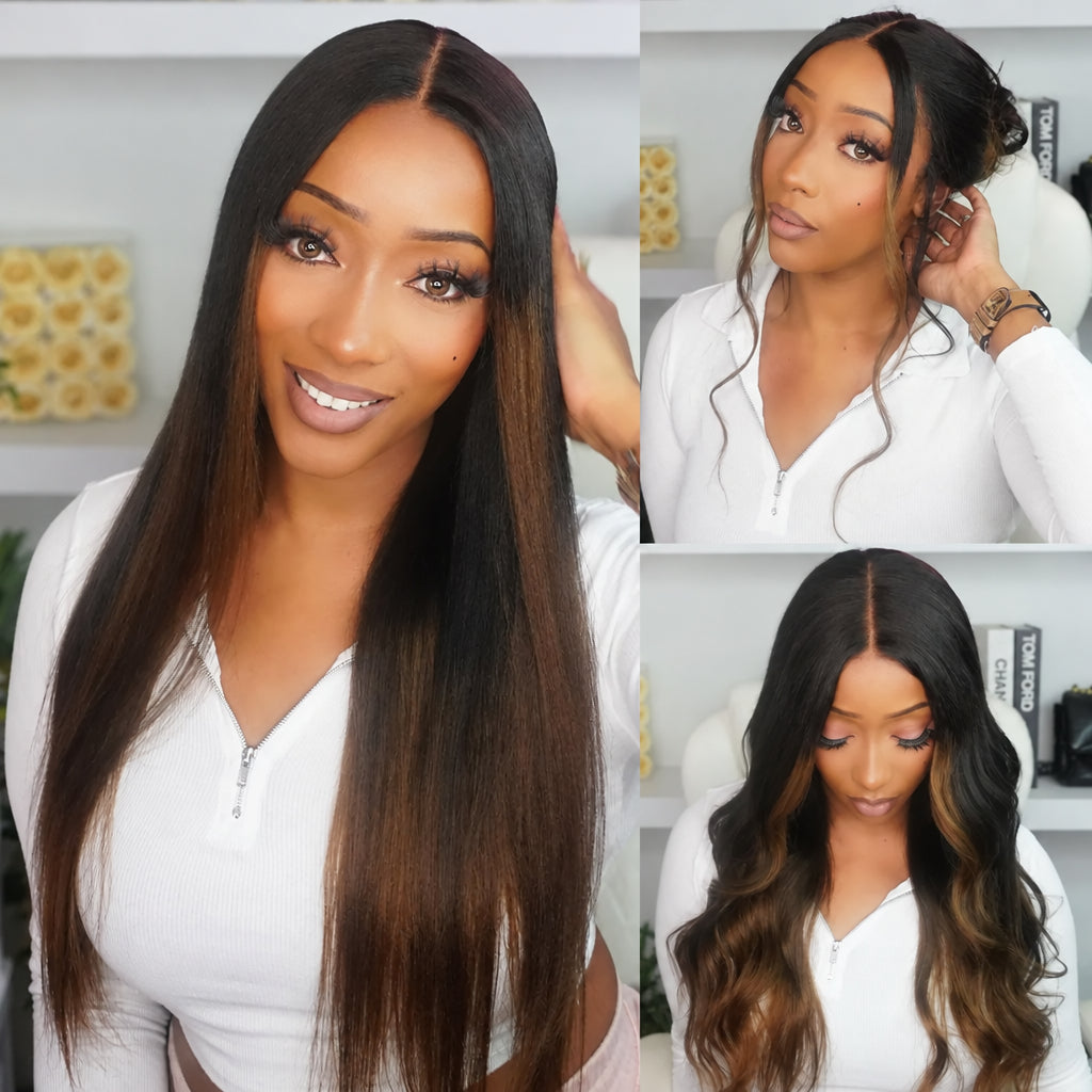 Chestnut Brown Ombre Yaki Straight Wig – 7x5 No-Slip Lace, Glueless with Drawstring