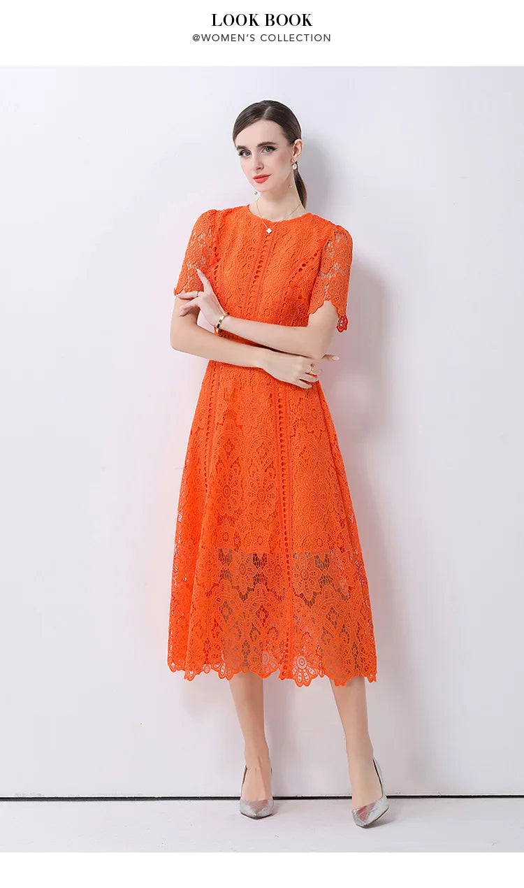 Women's Vintage High-End Lace Hollow-Out Long Dress — Slim Elegant Summer Gown