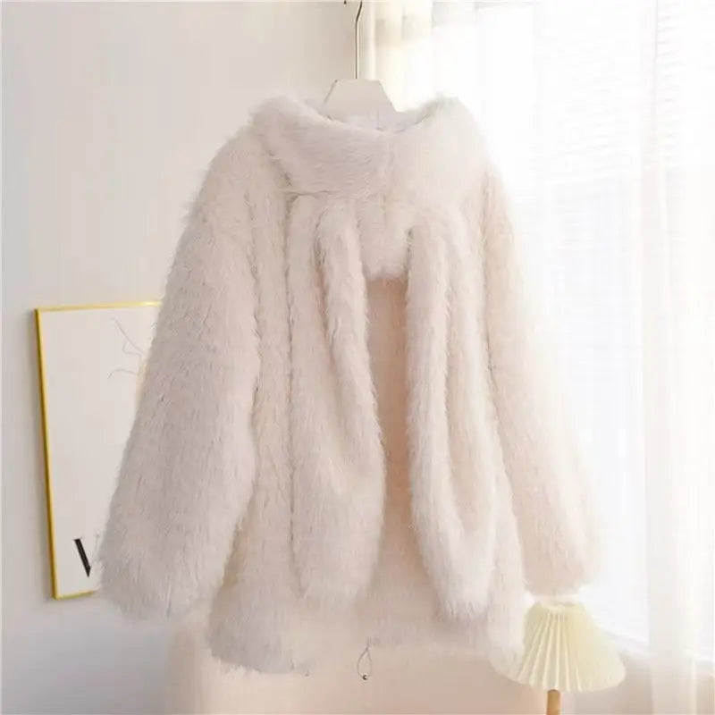 Cute Rabbit Ear Plush Jacket — Women's Sweet Loose Hoodie Outerwear