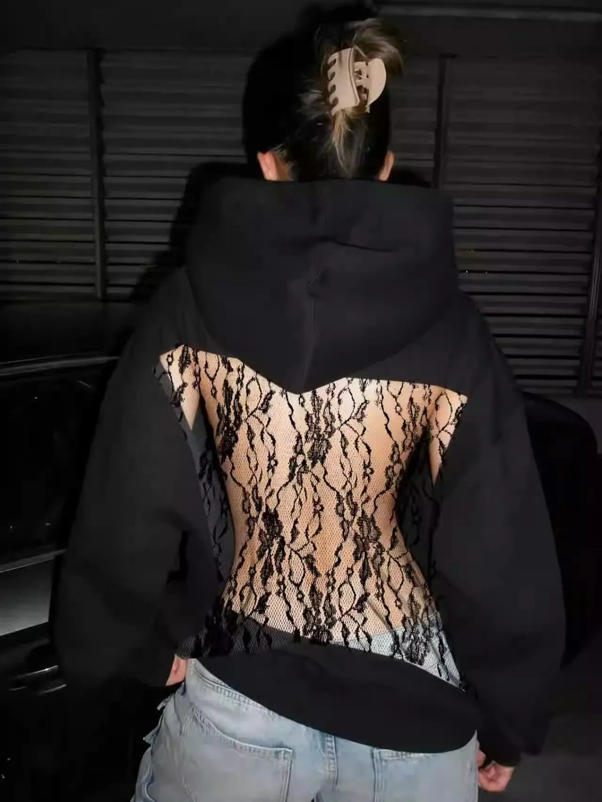 Women's Backless Lace Fleece Hoodie