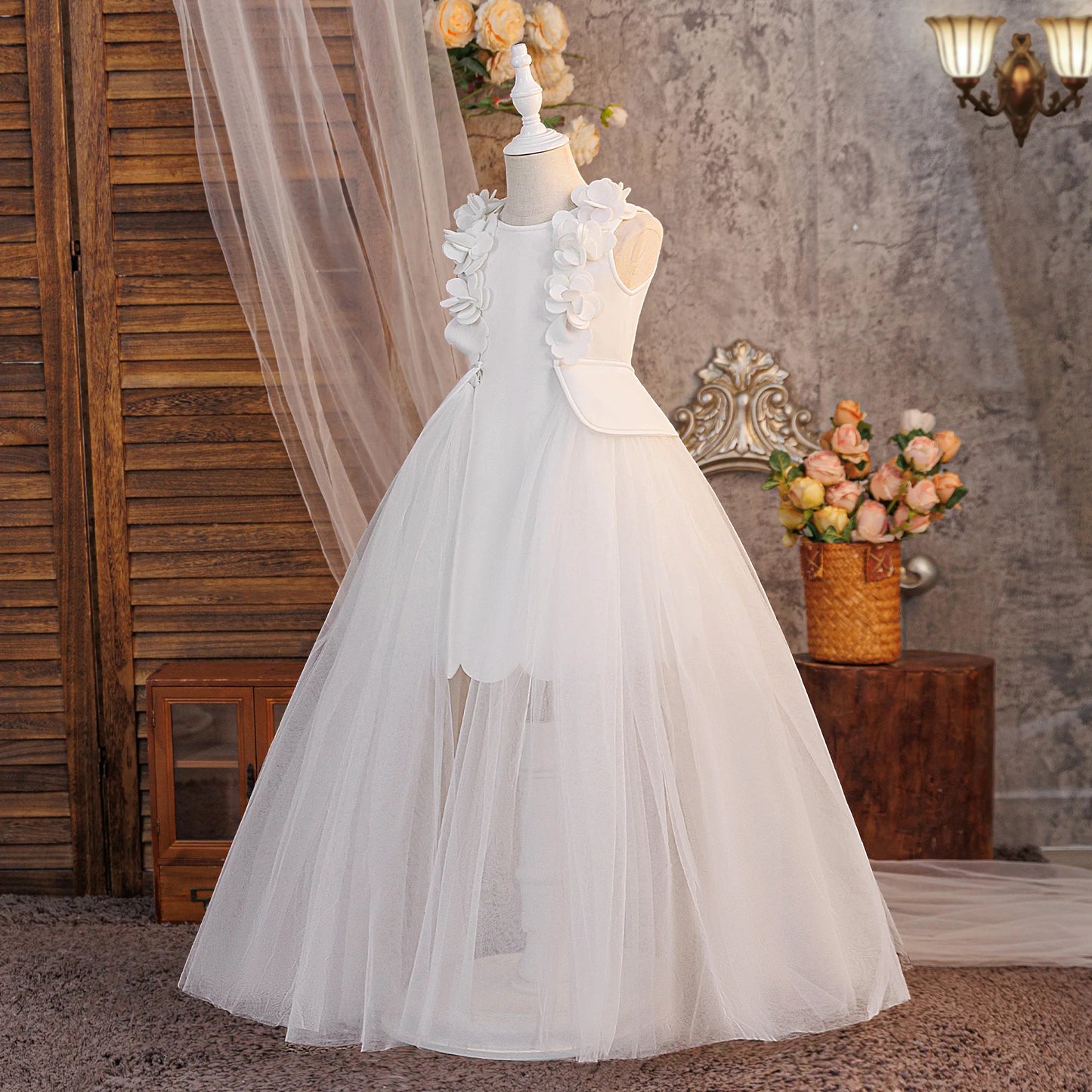 Fashion Baptism Bridesmaid Girls Dress Elegant Flower Birthday Party Princess Prom Dresses Girl Bow Wedding Pageant Evening Gown