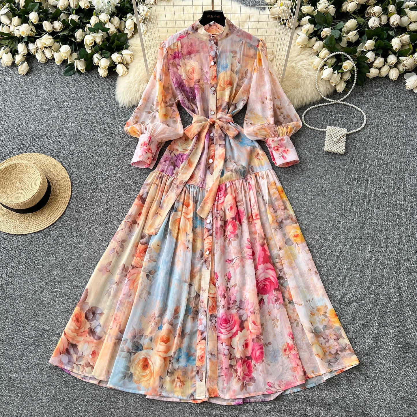 Women's French Vintage Palace Print Dress — Stand Collar Lantern Sleeve A-Line