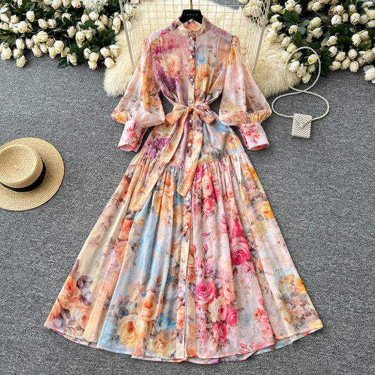 Women's French Vintage Palace Print Dress — Stand Collar Lantern Sleeve A-Line
