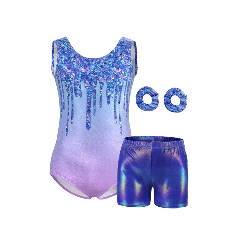 Girls Gymnastics Leotard Set – Shiny Colorful Sleeveless Tank with Shorts & Hairband