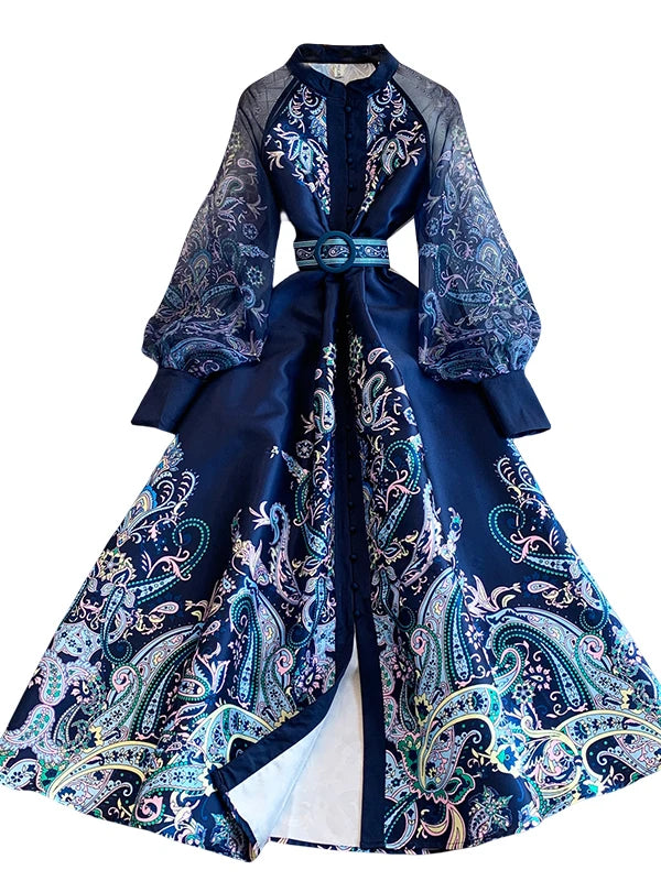 Elegant European Court Style Vintage Mesh Splice Print Lantern Sleeve Long Dress Women's Waist Cinching Slimming Maxi Gown