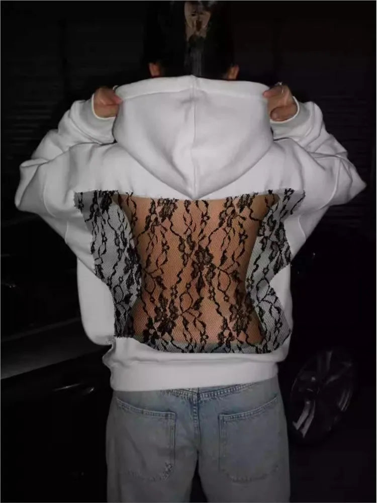 Women's Backless Lace Fleece Hoodie