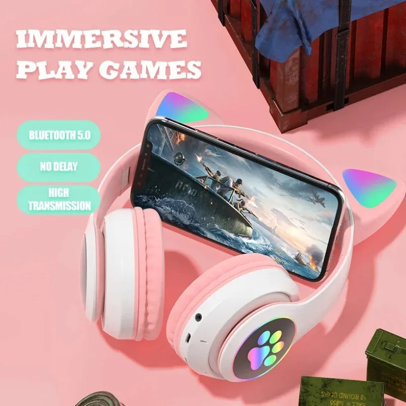 Cat Ears Bluetooth Headphones for Kids – Wireless LED Flash, Mic & TF Card Support