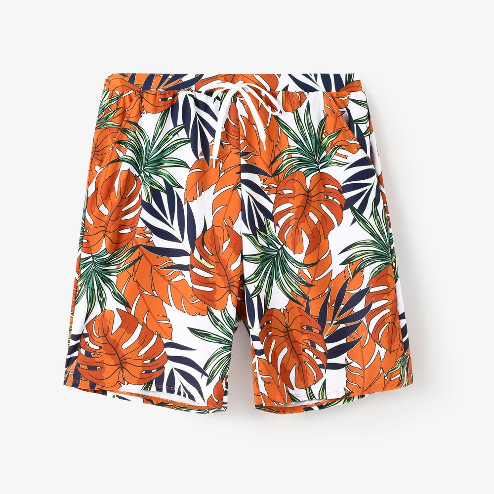 Family Matching Tropical Plant Print Two-Piece Swimsuit & Swim Trunks