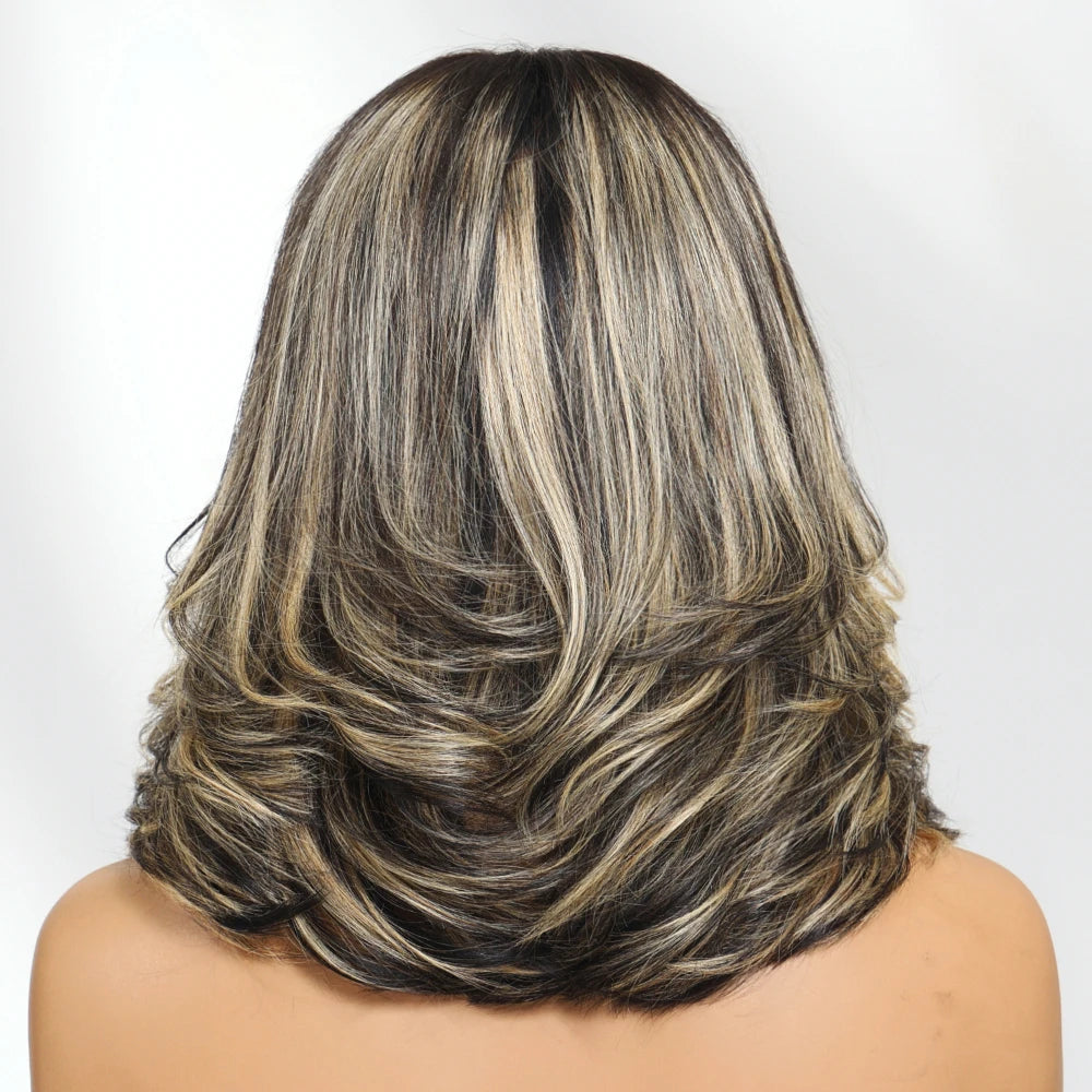Natural Black With #27 Blonde Highlight Wavy Bob Wig | Glueless 7x5 Lace | 100% Human Hair