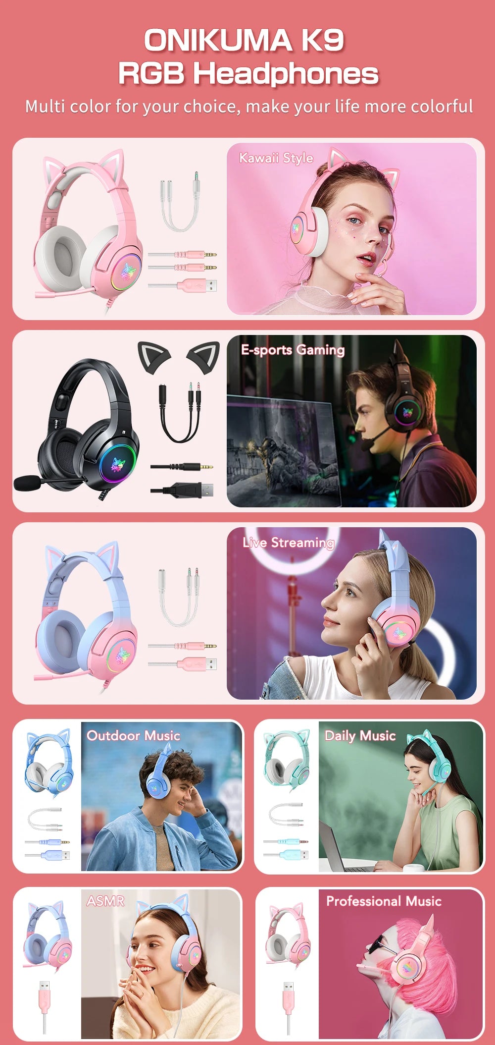 ONIKUMA K9 RGB Gaming Headset with Cat Ears & HD Mic