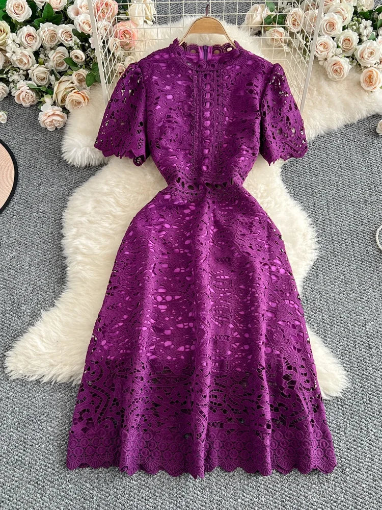 Women's French Style Hollow-Out Lace Dress — Waist-Cinched Short Sleeve A-Line
