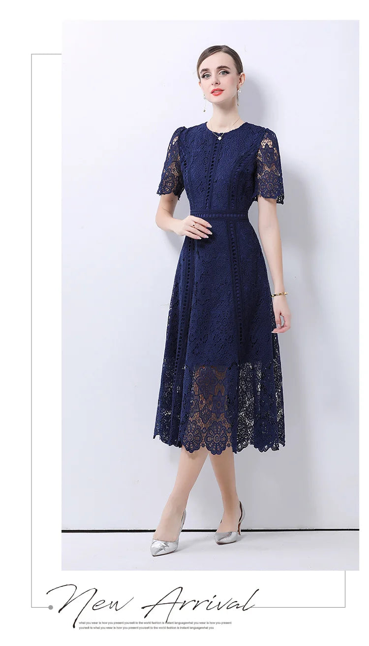Women's Vintage High-End Lace Hollow-Out Long Dress — Slim Elegant Summer Gown