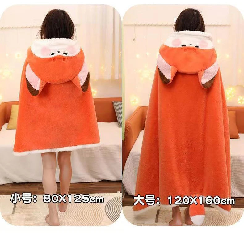 Winter Cartoon Fox Wearable Blanket Cloak — Cozy Shawl Nap Blanket