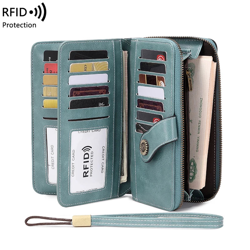 RFID anti-theft brush Retro large capacity long wallet Multi-card women's wallet Multi-function zipper wallet with wrist strap
