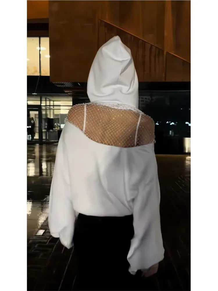Sexy Perspective Backless Hoodie Woman's Spring Autumn Fashion Lace Patchwork Solid Color Loose Pullover Sweatshirt For Ladies