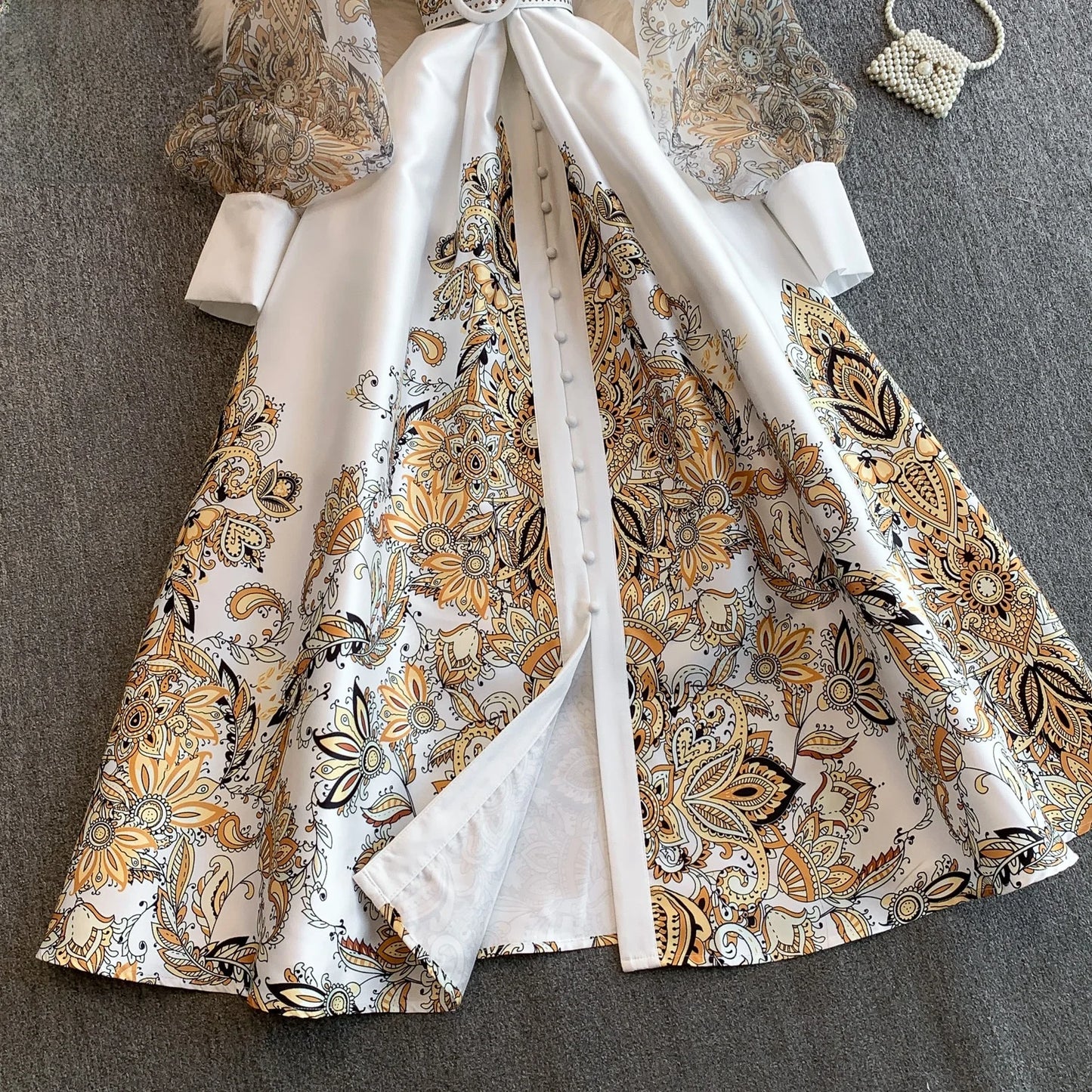 Elegant European Court Style Vintage Mesh Splice Print Lantern Sleeve Long Dress Women's Waist Cinching Slimming Maxi Gown