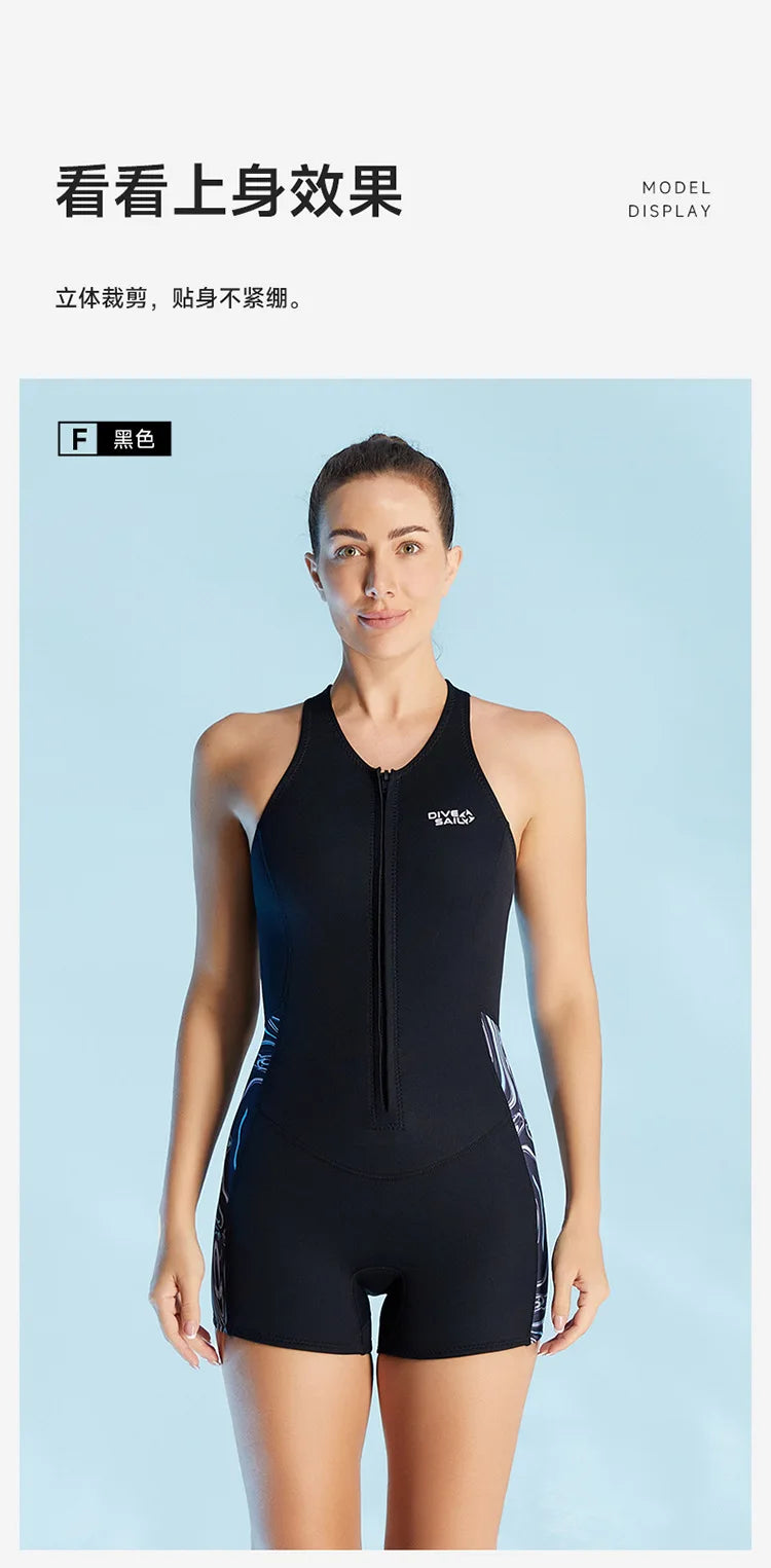 Women's 2mm Neoprene Wetsuit — Sleeveless Front Zip for Surfing & Swimming