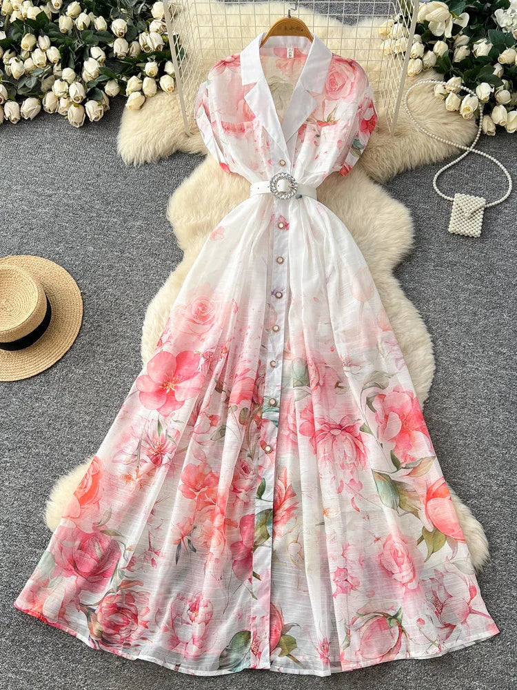 Women's French Countryside Chiffon Printed Dress — Raglan Sleeve A-Line