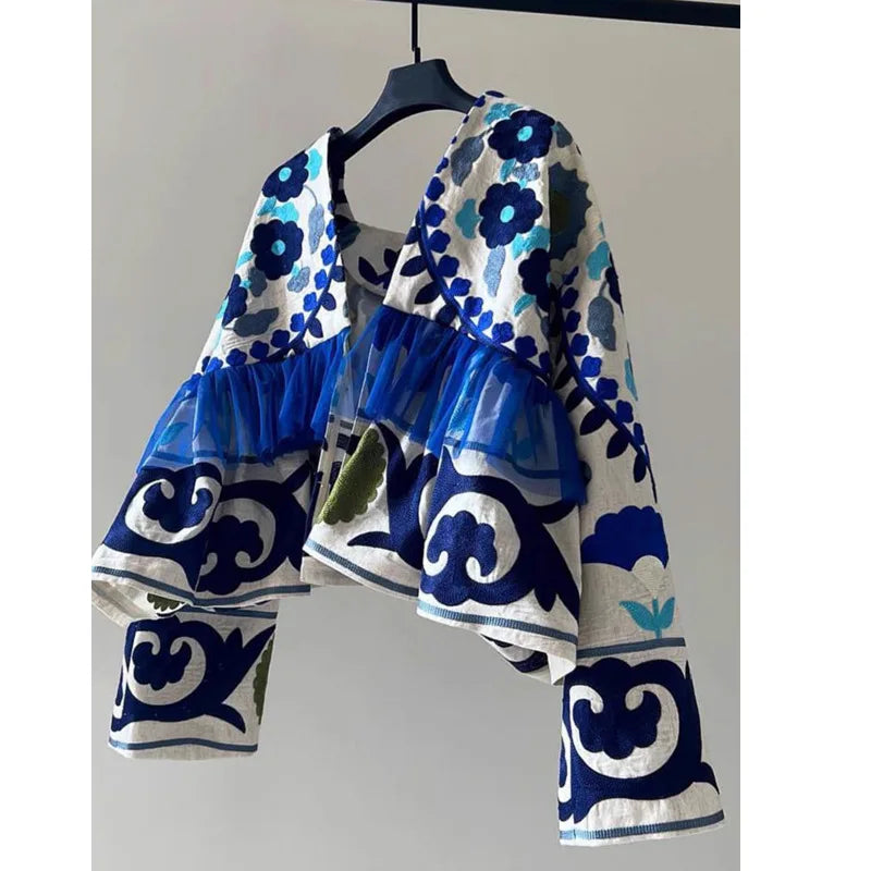 Women's Floral Embroidered Cardigan — Loose Fit Long Sleeve Top