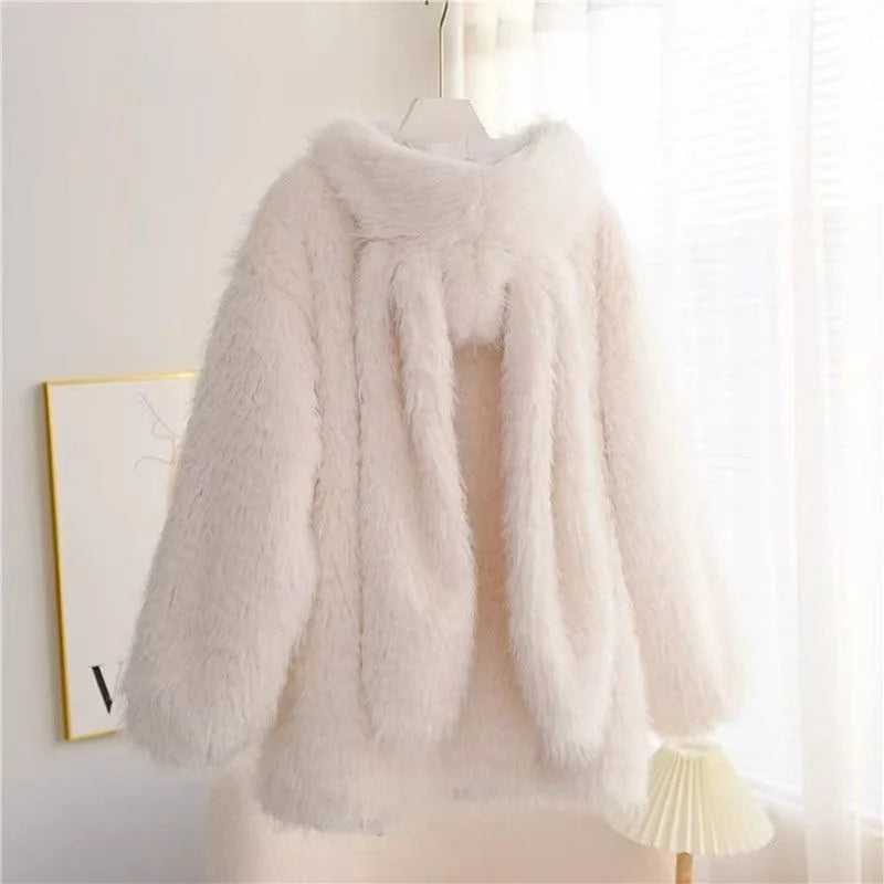 Cute Rabbit Ear Plush Jacket — Women's Sweet Loose Hoodie Outerwear