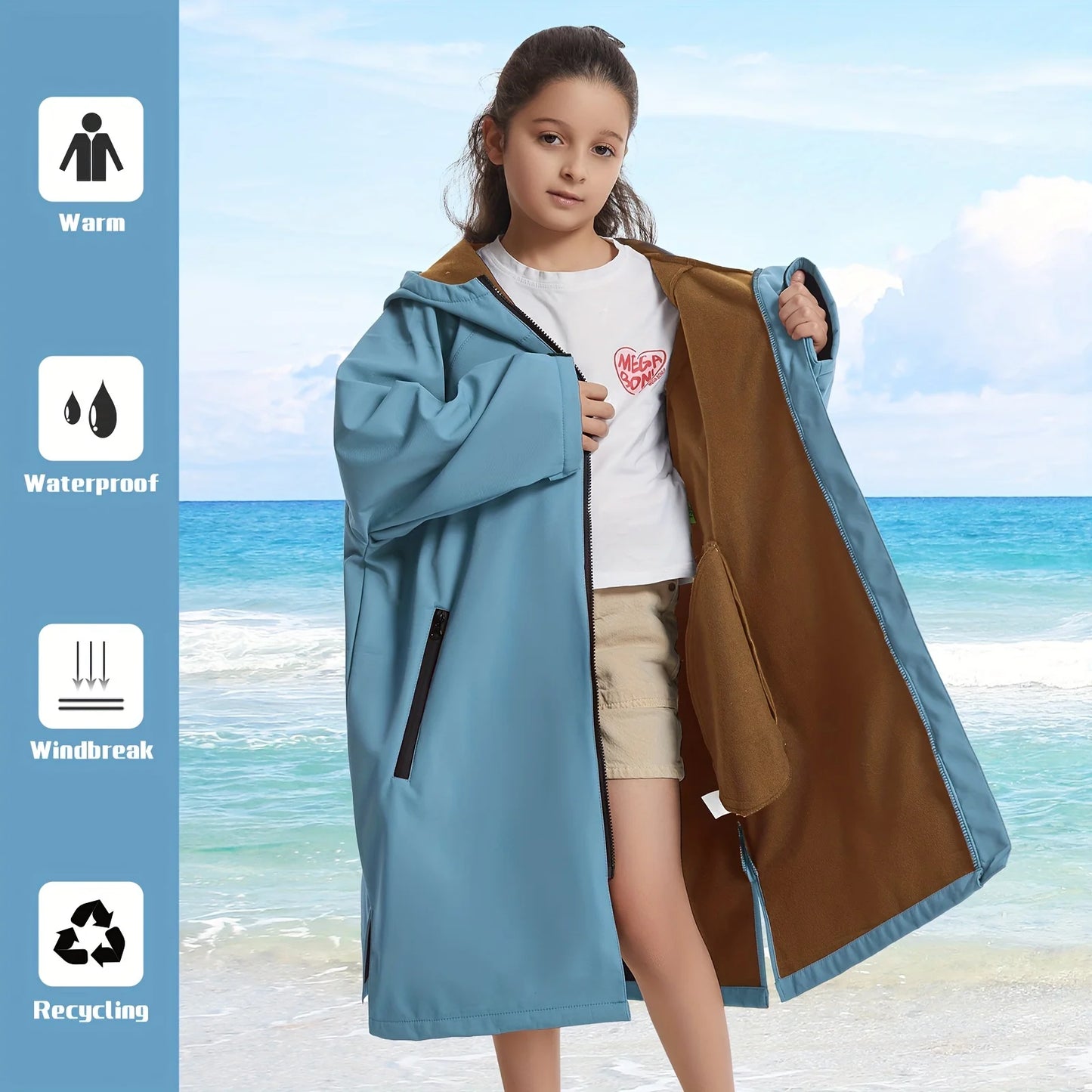 Long Sleeve Waterproof Surf Poncho – Hooded Windproof Changing Robe