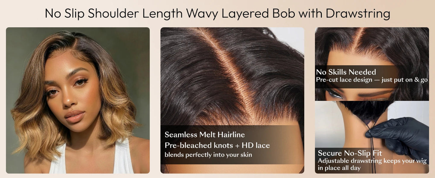 Brown With Blonde Highlights Wavy Bob Wig | Face-Framing Layers Side Part 7x5 & 13x4 Lace Glueless Human Hair
