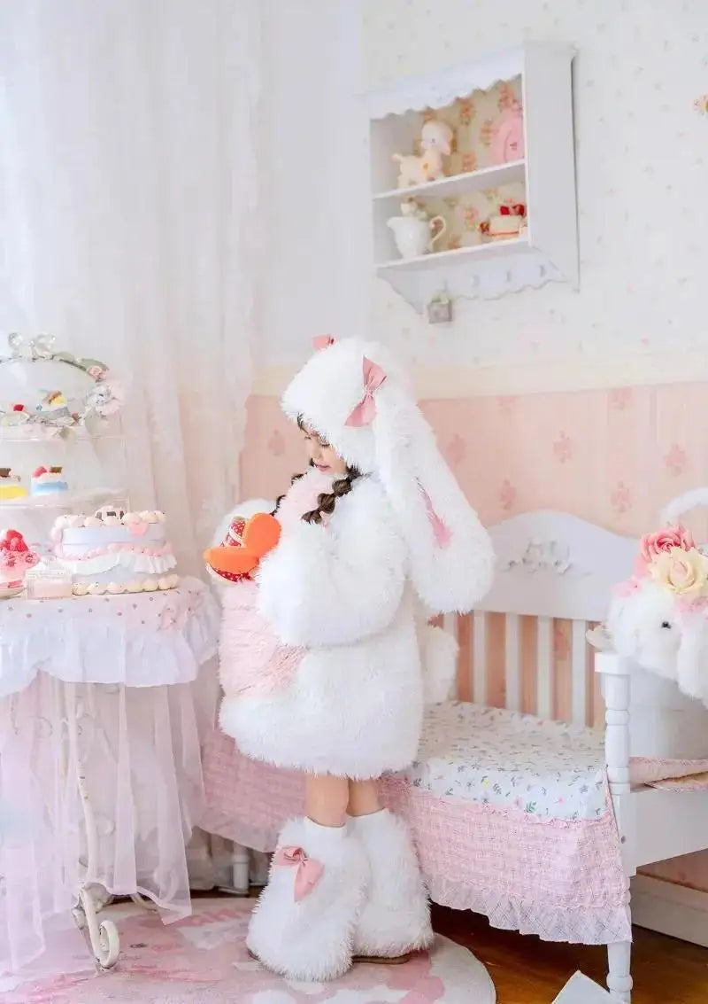 Cartoon Children Plush Rabbit Cosplay Costume Kawaii Kids Winter Warm Sets Top Pants Hat Suit Girl Halloween Party Outfits Gift