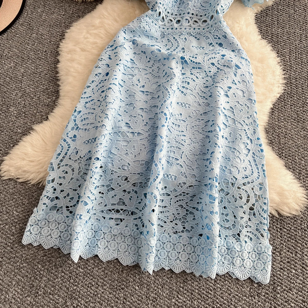 Women's French Style Hollow-Out Lace Dress — Waist-Cinched Short Sleeve A-Line