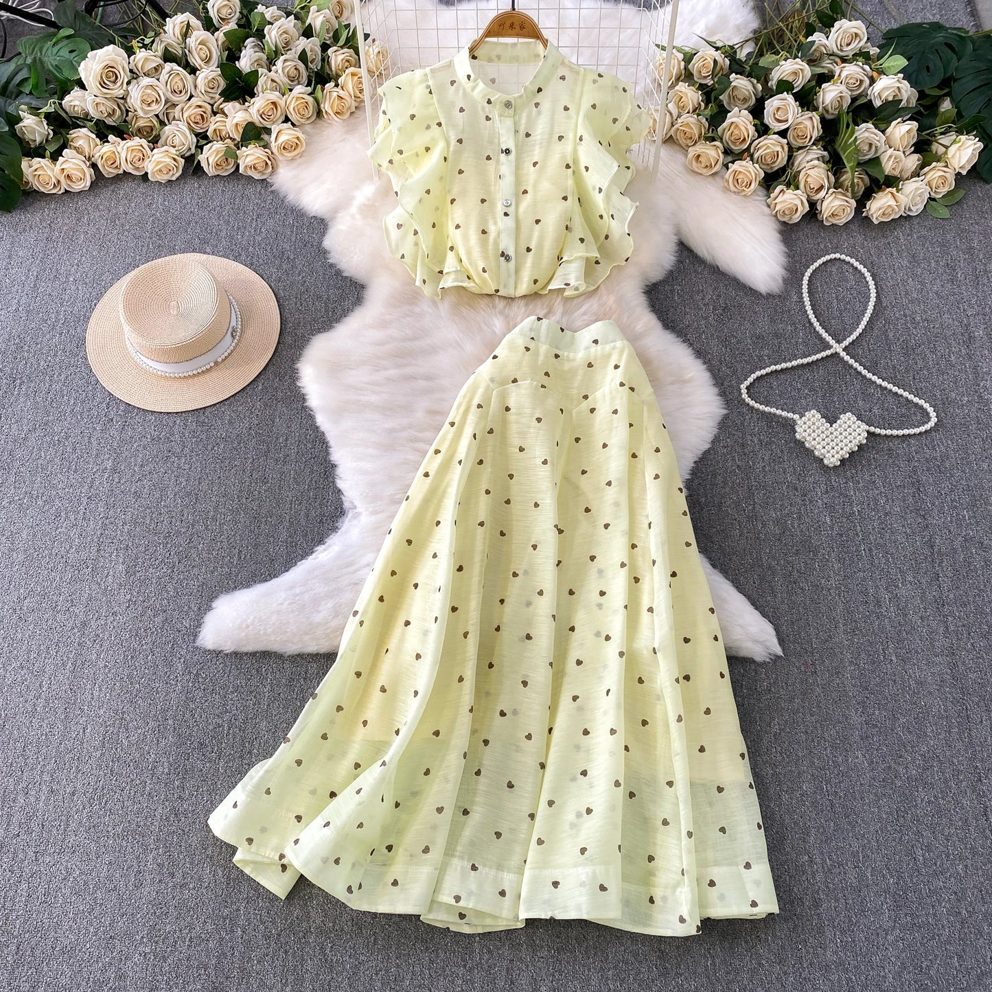 Women's French Style Sweet Chiffon Two-Piece Set — Heart Print Shirt & Flared Skirt