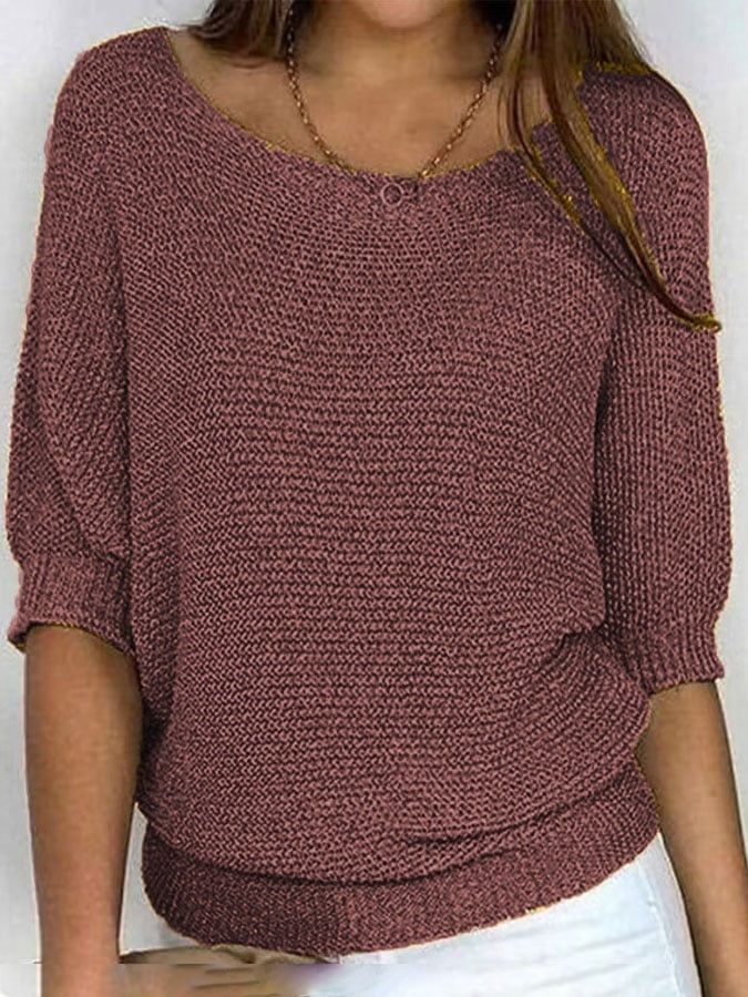 Three-quarter Sleeve Pullover Sweater Fashion Solid Color Loose Round Neck Knitted Top For Women Clothing