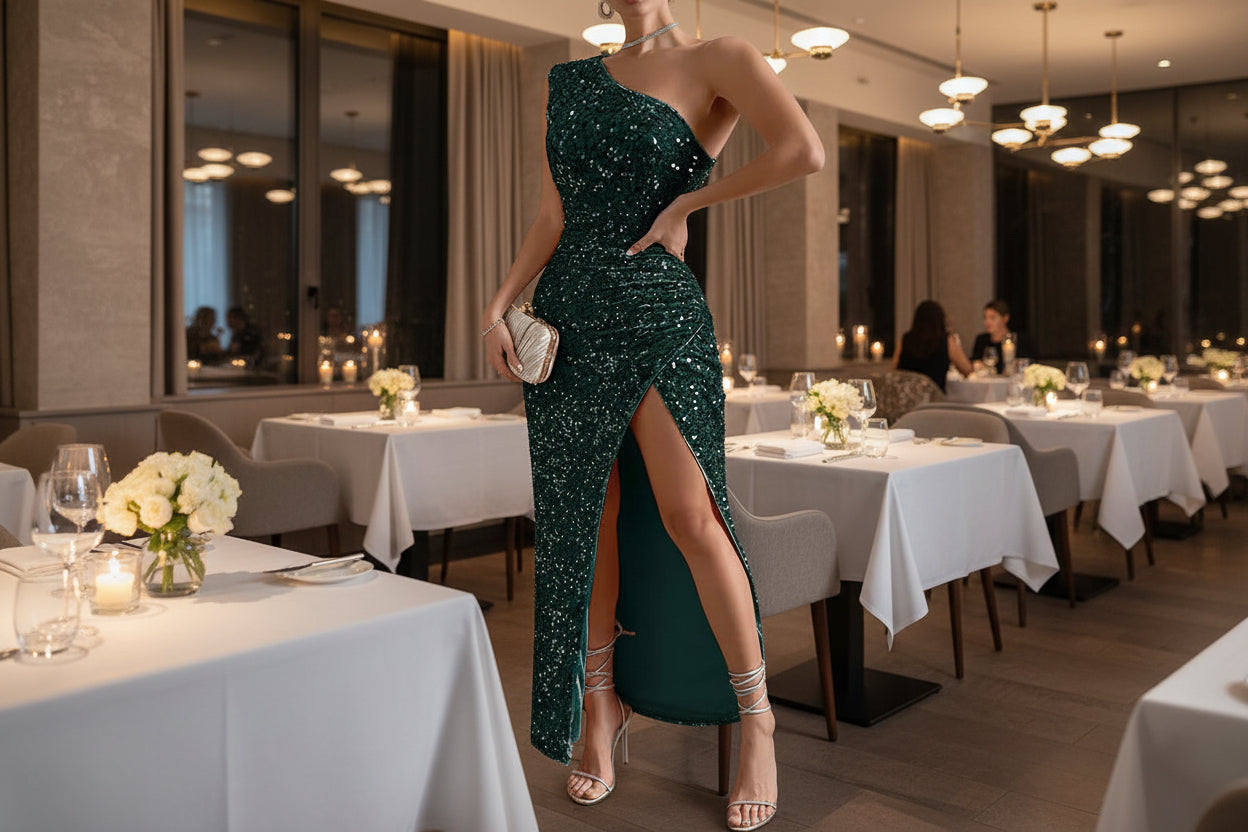 Sexy Sequined Shoulder Sleeping Beauty Split Solid Color Dress