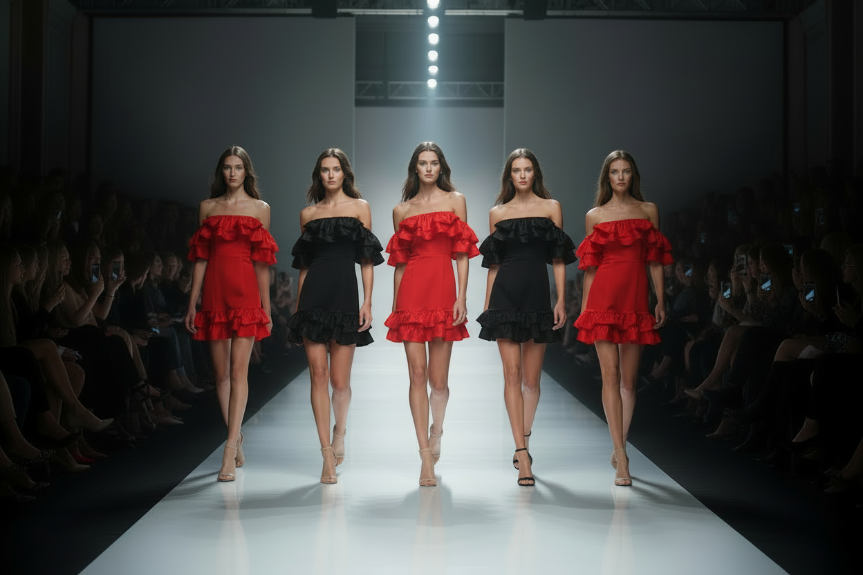 Diverse models - Red ruffled dress front view