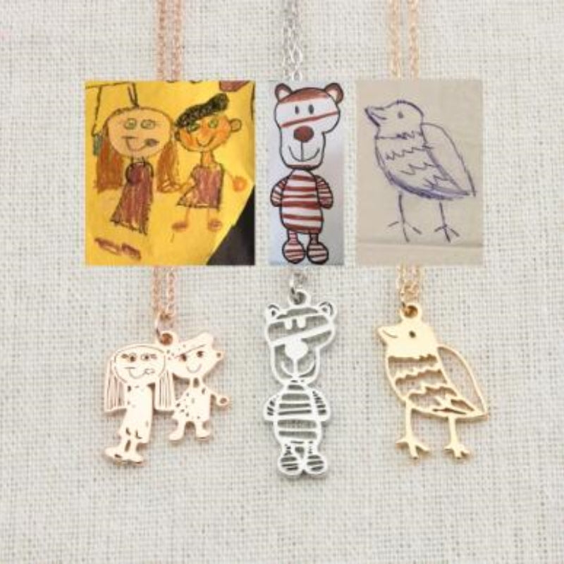Personalized Kids Drawing Jewelry — Custom Artwork Necklace, Bracelet, Brooch, Keychain, Pendant & Stud