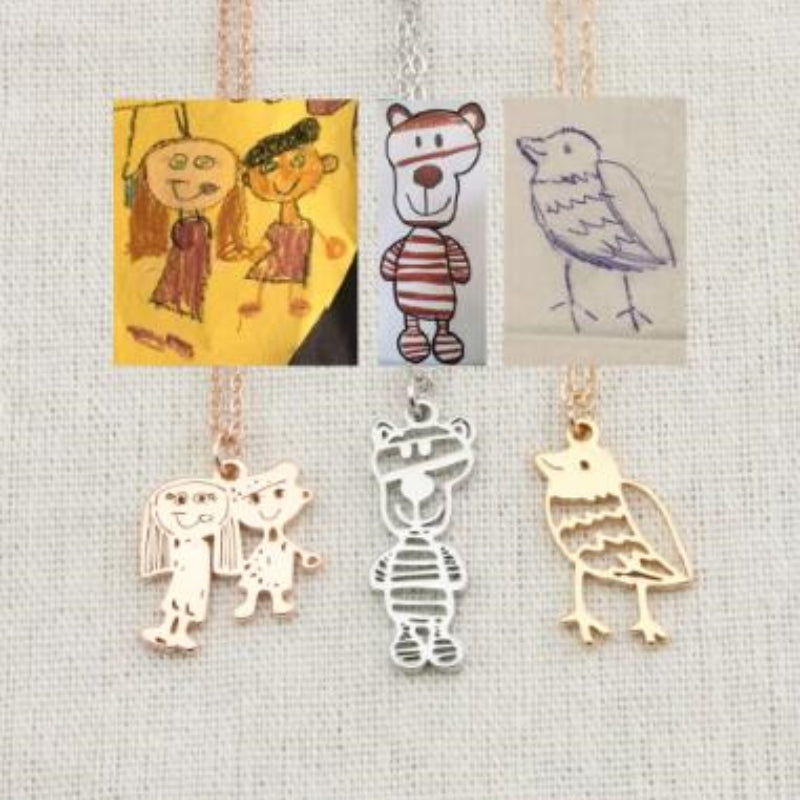 Personalized Kids Drawing Jewelry — Custom Artwork Necklace, Bracelet, Brooch, Keychain, Pendant & Stud