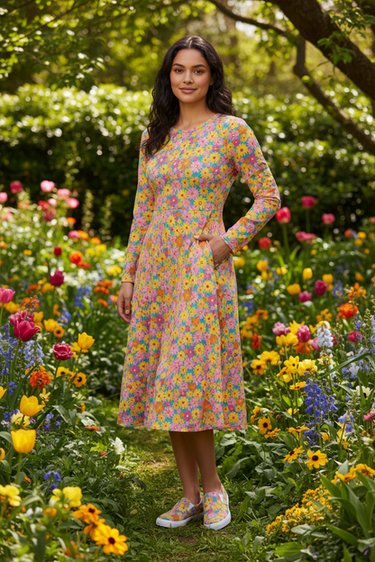 Model in garden wearing Beautiful spring dress and matching canvas shoes