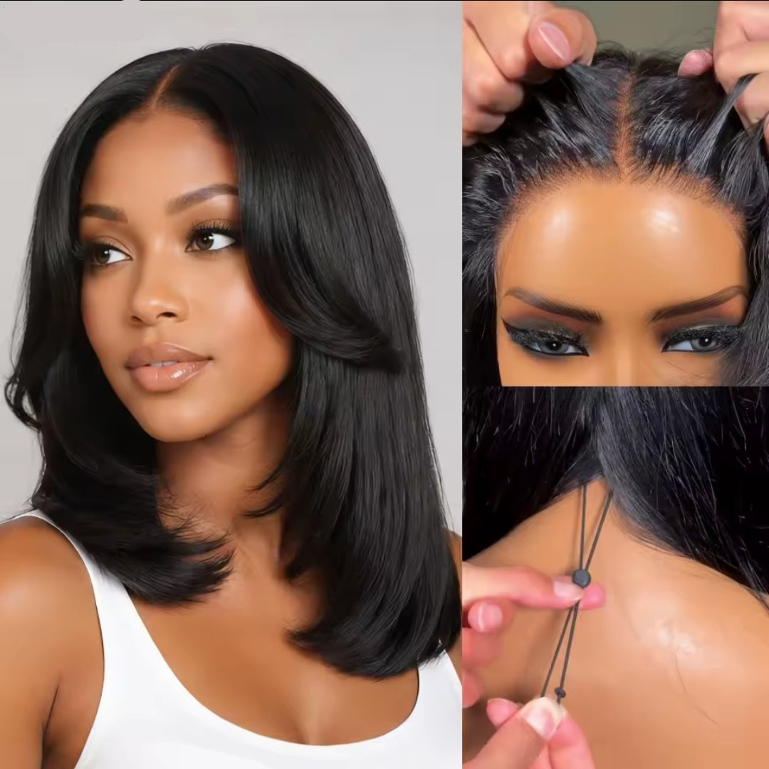Layered Cut Straight Bob Wig with Curtain Bangs — Glueless 7x5 Lace, Human Hair