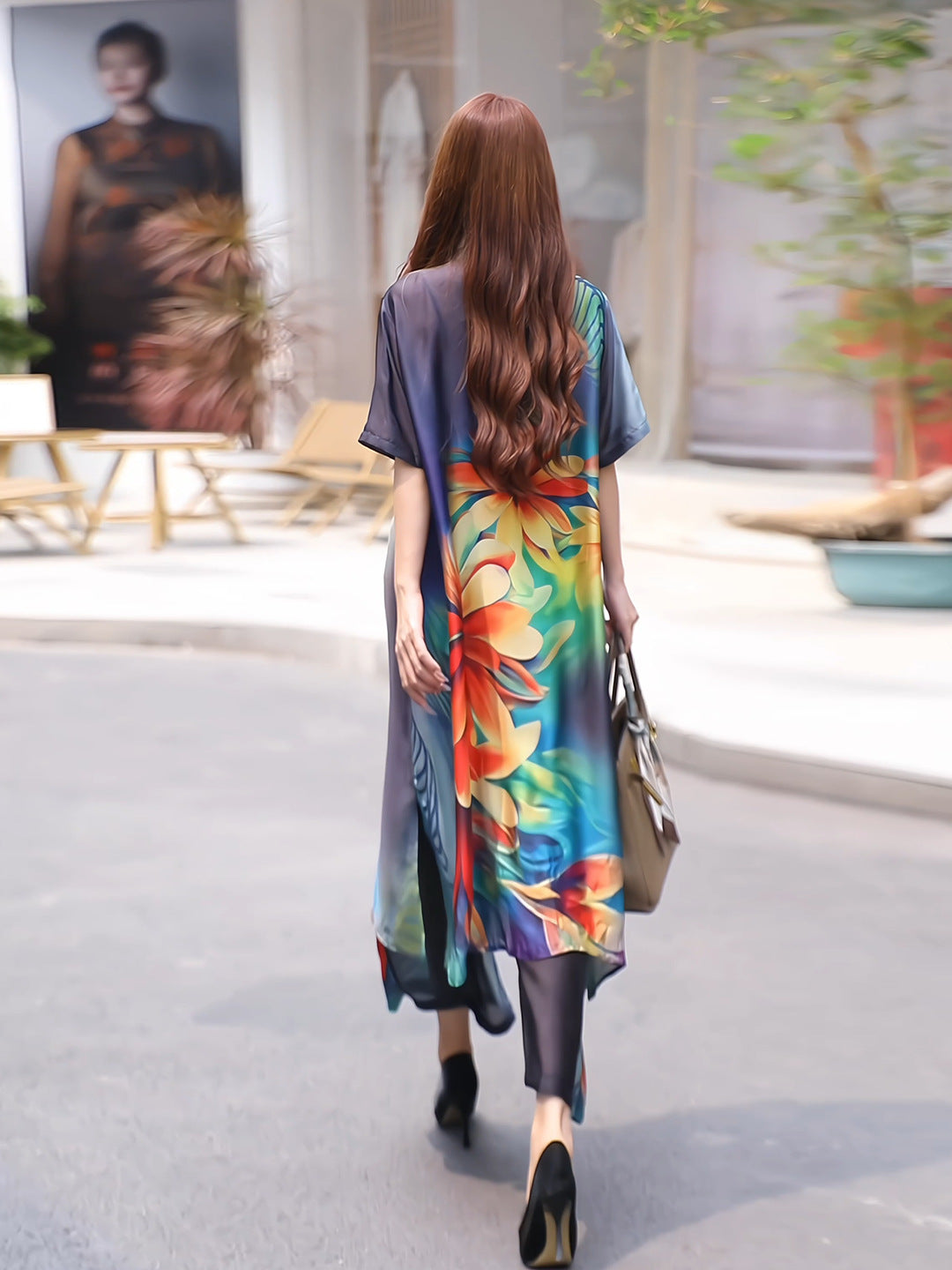Retro Large Size Floral Print Open Cardigan & Wide Leg Pants Two-Piece Set for Women