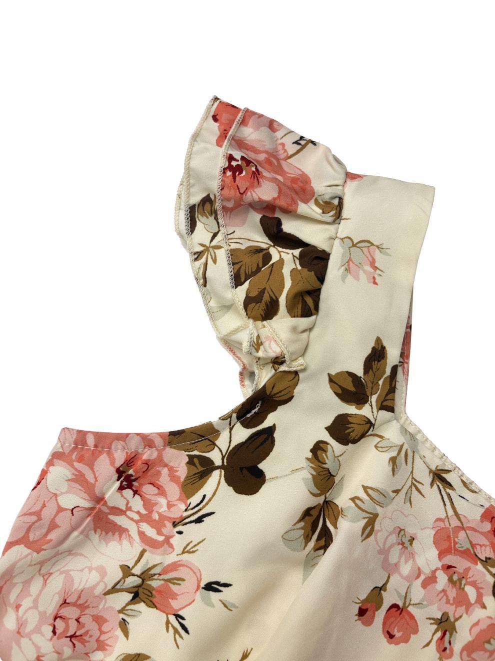 Elegant Floral Pleated Midi Dress — Square Neck Ruffle Sleeveless Party Gown