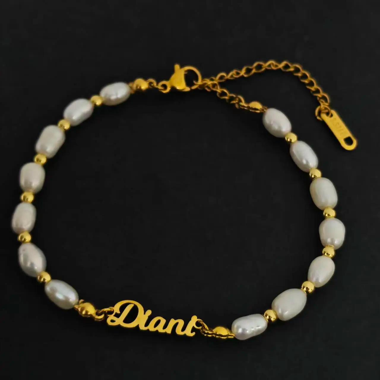 Personalized Freshwater Pearl Bracelet | Bubble Letter CZ Initial Charm 18K Gold