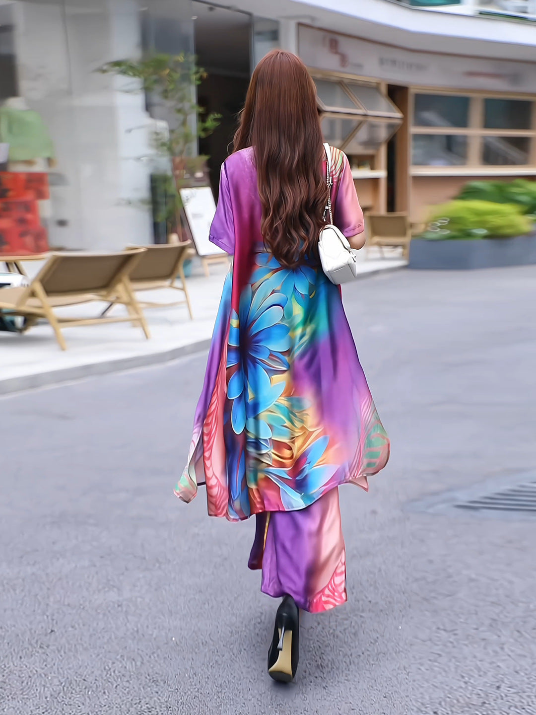 Retro Large Size Floral Print Open Cardigan & Wide Leg Pants Two-Piece Set for Women
