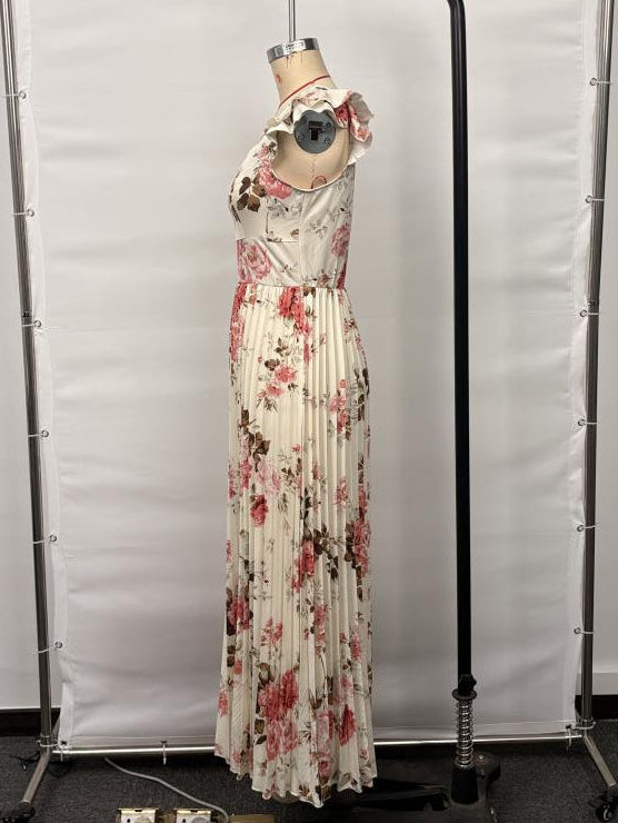 Elegant Floral Pleated Midi Dress — Square Neck Ruffle Sleeveless Party Gown