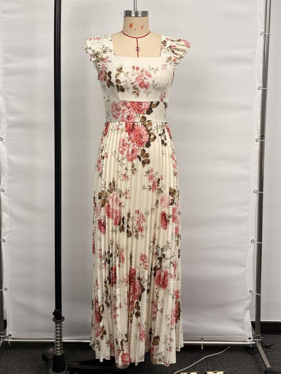 Elegant Floral Pleated Midi Dress — Square Neck Ruffle Sleeveless Party Gown