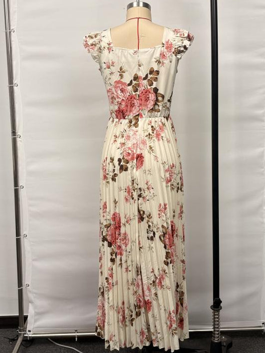 Elegant Floral Pleated Midi Dress — Square Neck Ruffle Sleeveless Party Gown