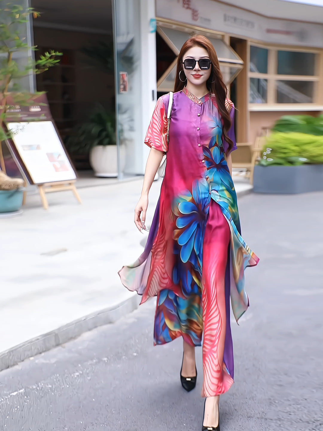 Retro Large Size Floral Print Open Cardigan & Wide Leg Pants Two-Piece Set for Women