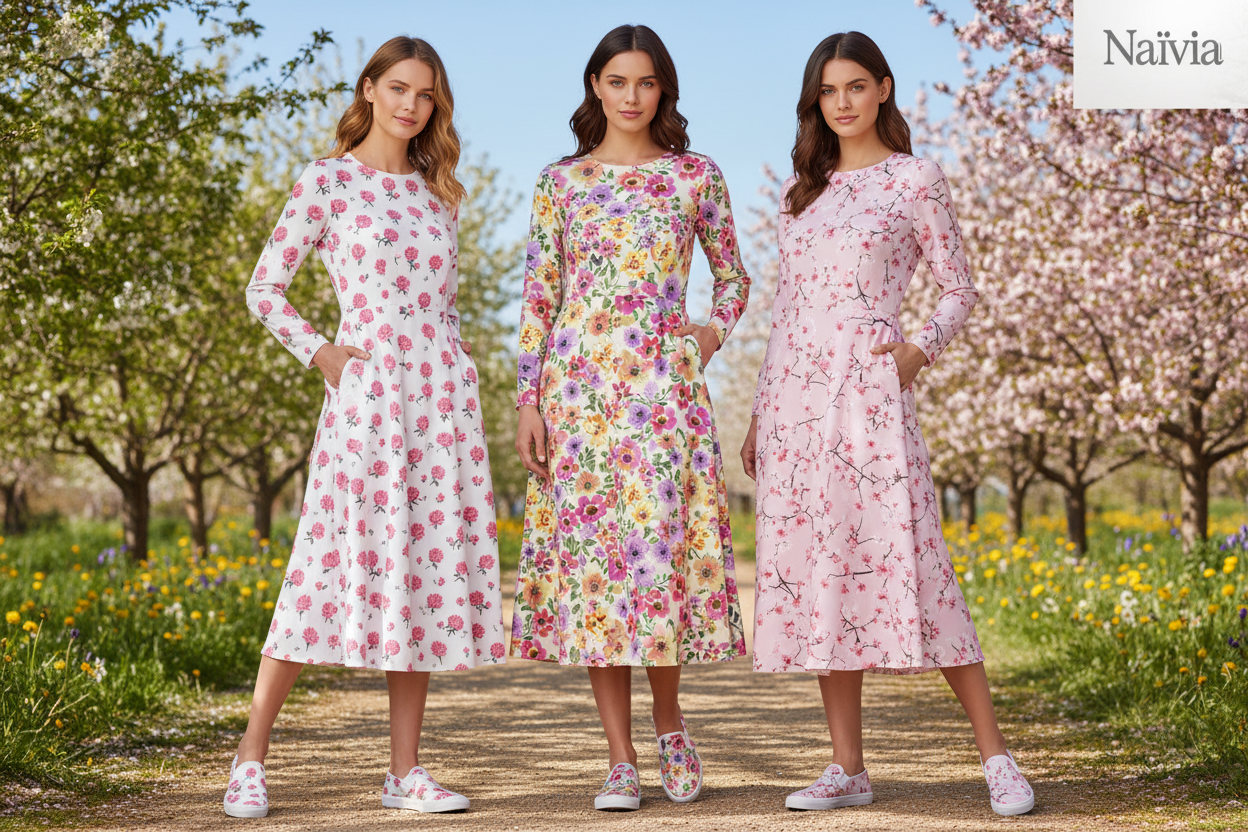 Three models in floral sets with Naïvia branding