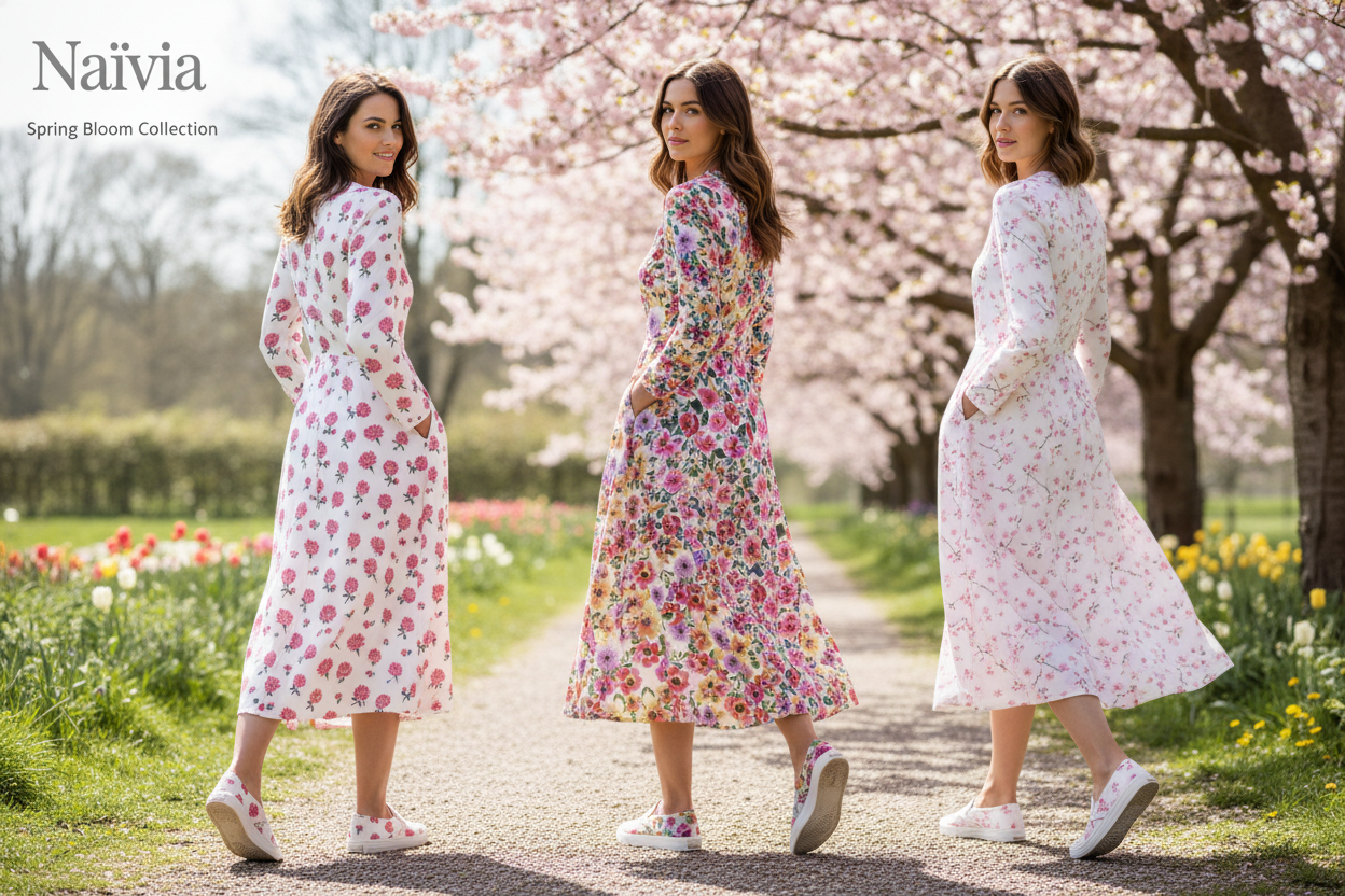 Three models walking and looking back in Naïvia floral sets